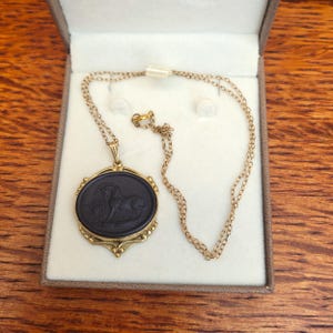 May include: A gold-toned necklace with a black oval pendant featuring a carved image of a horse. The pendant is set in a decorative gold frame. The necklace is presented in a brown box with a white interior, set against a wooden surface.