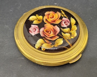 Vintage KIGU Powder Compact Lucite Carved Roses, Black Gold Stunning