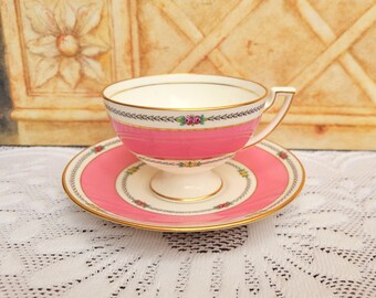 Antique Cauldon China Footed Tea Cup & Saucer, Bubblegum Pink Painted Flowers Gold Trim.