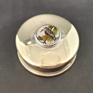 Art Deco Silver Plated Powder Trinket Box Reverse Carved Kingfisher Glass Cabochon, EJH Birmingham