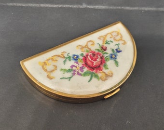 Vintage Powder Compact Petit Point Demi Lune, Rose Floral Embroidery, 1950s Beauty