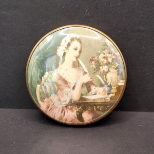 Vintage Regent powder compact Pretty Victorian Lady Writing, Large Size Cosmetic Case c1950s