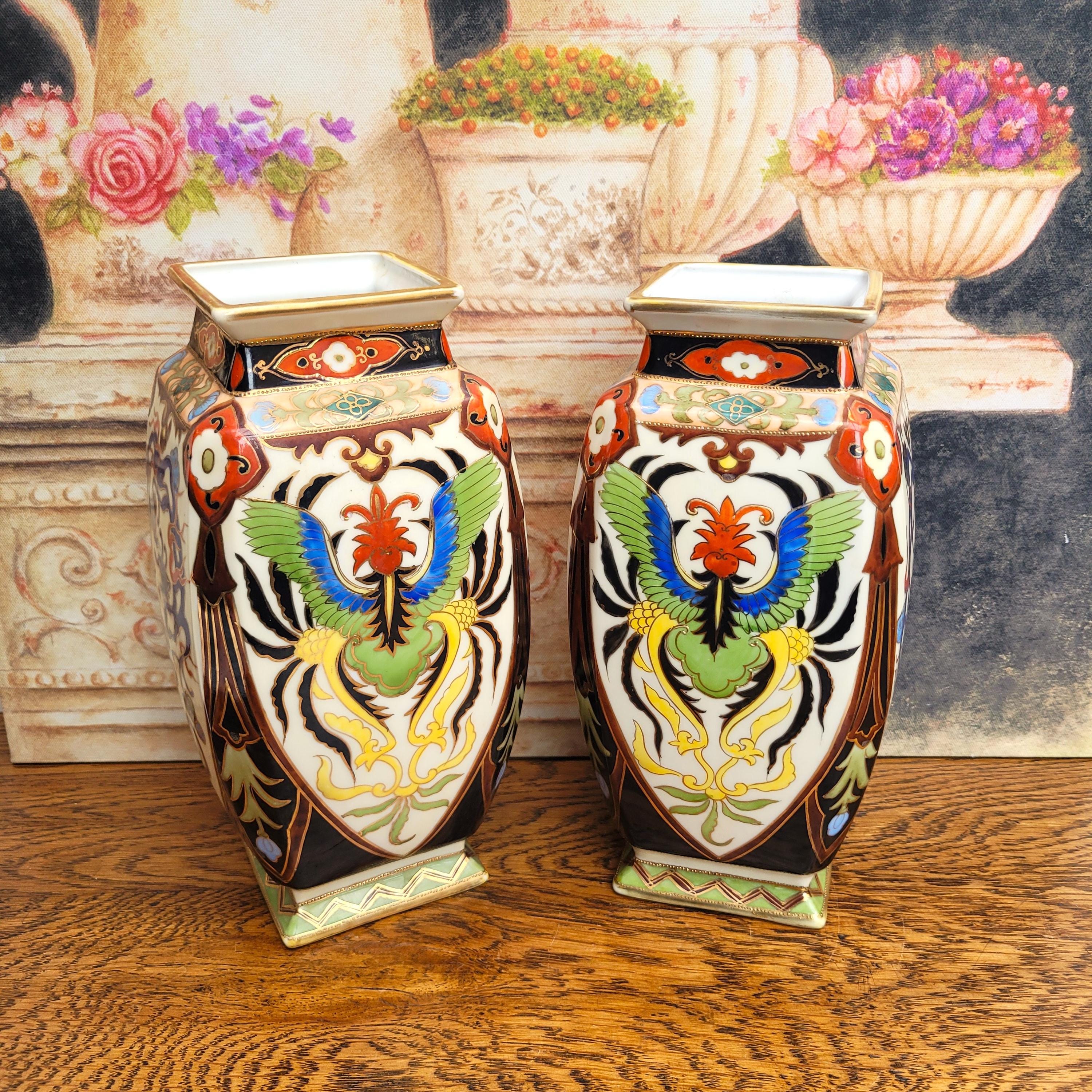 アンティーク ノリタケ 花瓶 ペア 鳳凰と青龍 手描き 1930 年代 9