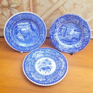 Op de afbeelding: Drie blauw-witte decoratieve borden met gedetailleerde landschaps- en bloemmotieven. De borden hebben een klassieke blauwe transferware-stijl, met ingewikkelde patronen rond de randen en centrale afbeeldingen.