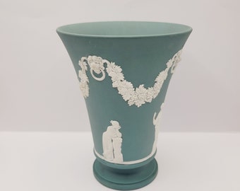 Wedgwood Teal Green Jasperware Footed Base, Muses Relief Grape Vine Swags Lion Knockers 6&quot;