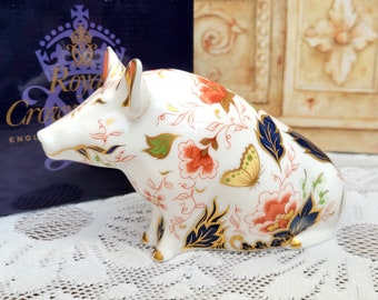 Royal Crown Derby "Sitting Pig" presse-papier, gouden stop boxed, verzamelbaar varkentje