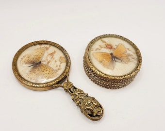 Beautiful Vintage Powder Compact and Matching Miniature Hand Mirror, Butterfly Taxidermy Gilt Ormolu Embossed