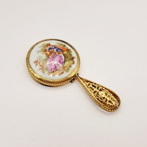 Vintage Powder Compact Novelty Hand Mirror Limoges Porcelain, Filigree gold