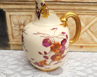 Victorian Royal Worcester Ivory Large Flat Back Jug 1094, Hand Painted Floral and Gilt, 1891