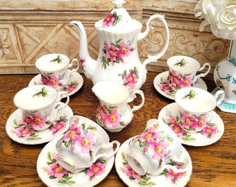 Royal Albert Prairie Rose Demitasse Coffee Set: Coffee Pot, Cups & Saucers