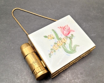 Vintage guilloche geëmailleerde draagtas Compact Necessaire, handgeschilderde bloemen, sigarettenkoker, lippenstifthouder