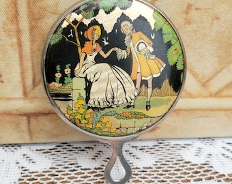 Gwenda Art Deco 1930s Hand Mirror, Crinoline Lady & Gent, Shimmering Silver Foil