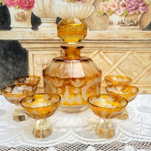 Art Deco Czech/Bohemian Amber Flash Cut Liquor Decanter & 6 Glasses, Castle Rabbit and Birds. c1930s