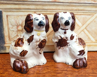 Pair of Small Staffordshire Spaniel Mantle Dogs, Hand Painted Wally Hearth Dogs