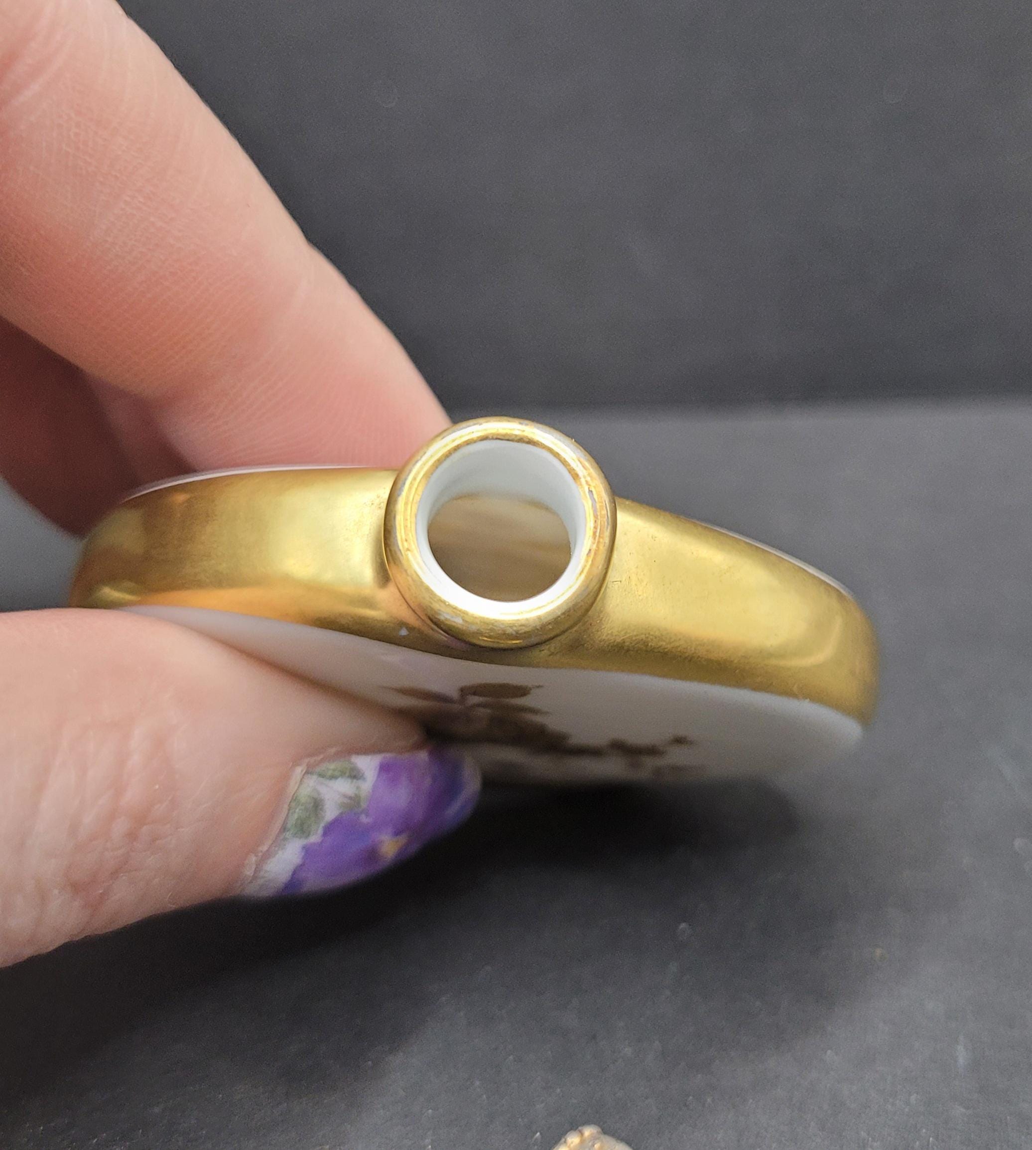 Vintage Porcelain Scent Bottle Crown Top Gold Roses, German C1920s