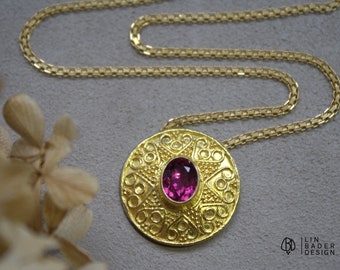 RESERVED 22k gold granulation solid gold necklace Rubellite tourmaline pendant cocktail ring statement brooch transformable charm Made in US