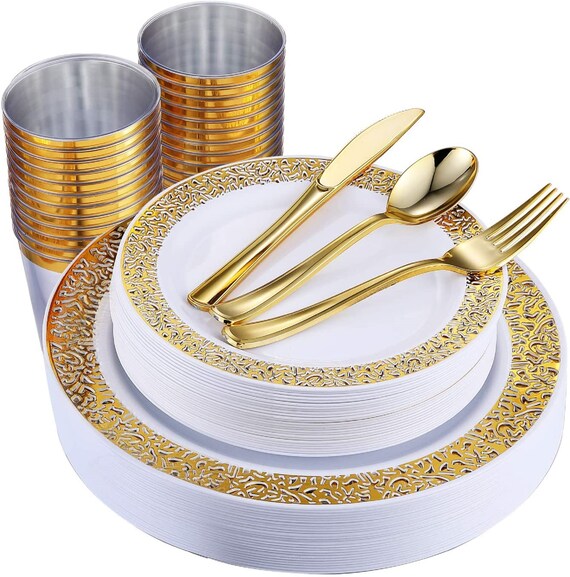 150 Piece Gold Dinnerware Set Elegant Lace Disposable Plastic Etsy