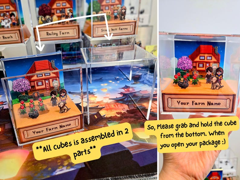 May include: A clear acrylic cube with a miniature farm scene inside. The scene features a small house, trees, flowers, and two figures. The cube is labeled "Your Farm Name" and is part of a set of cubes that are assembled in two parts.