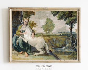 Vintage Unicorn Painting | Artwork Reproduction | PRINTABLE | 6 Sizes | Digitally Enhanced | Girl with White Unicorn Art Print | Wall Decor