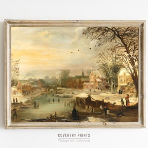 Winter Village Vintage Art Print | Snowy Landscape, Frozen River (Digital Download)