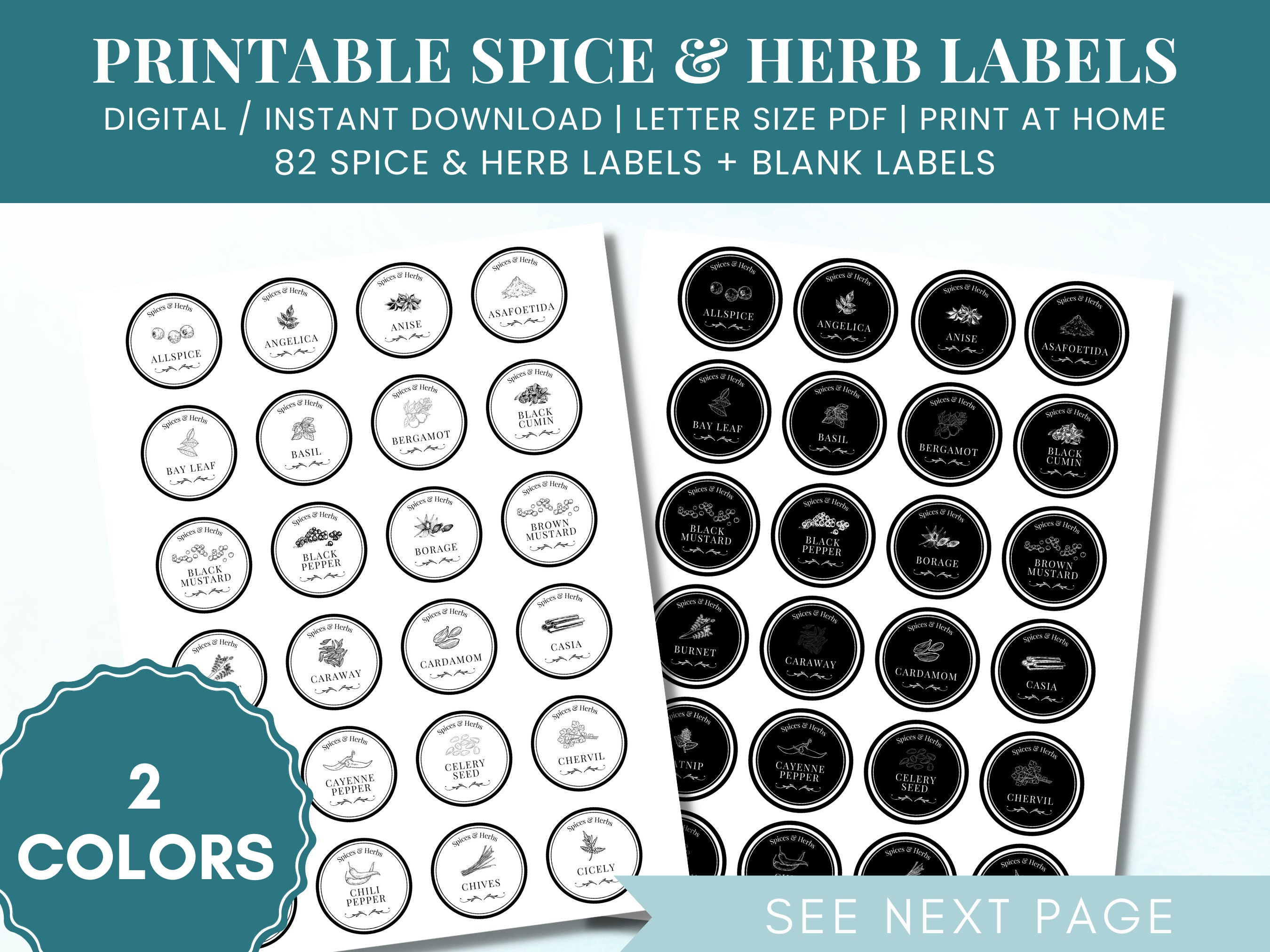 Royal Green - 2 Sets of Pre-Printed Spices Stickers for Jar Container and Lids Plus Blank Labels for DIY - 92 Pack