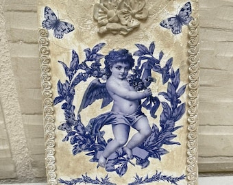 Carrelage à mémoire de forme « Ailes bleues » fait main, bloc à mémoire de forme, art mural vintage, bloc mural à mémoire de forme, art mural carrelage, carreau à mémoire de forme vintage (En stock)