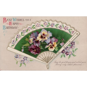 Carte postale Happy Birthday Fleur gaufrée éventail Pétunias violets 1912 Washington