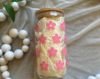 Handcrafted Floral Glass Can Cup with Bamboo Lid, Glass Straw, and Cleaner – Multicolour Flower Design