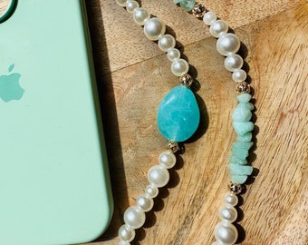 Bijoux de telephone - phone strap - perles turquoise - perles nacree - dragonne - iPhone -