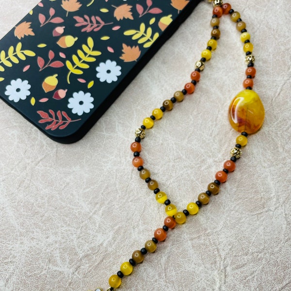 Bijoux de telephone - phone strap - perles naturelles - oeil de chat - Orange - Jaune - marron