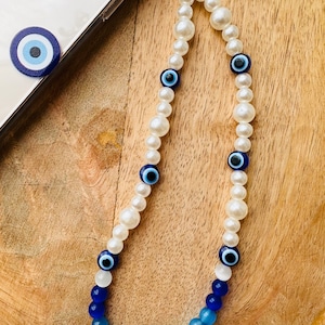 Telefoonsieraden - iPhone - bedel - telefoonbedel - parelkralen - Grieks oog