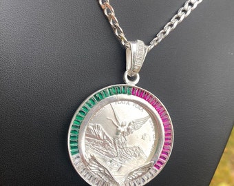 Centenario Eagle CZ 925 Mexico Silver Bazel Pendant + Cuban Chain Plata Mex Aguila .999 Moneda