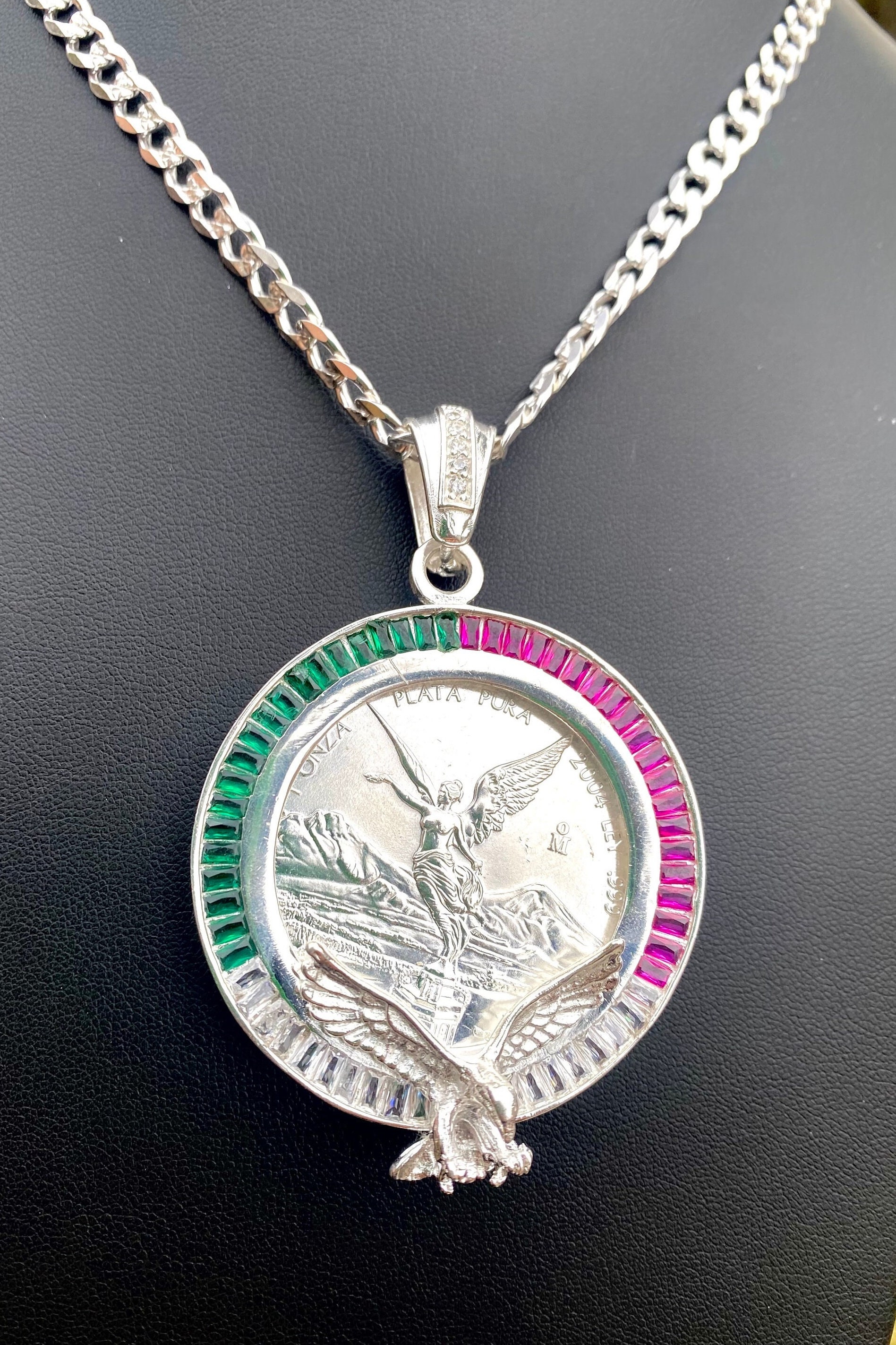 人気 ブランド チェック Bazel Silver Mexico 925 CZ Eagle Centenario Pendant Cuban + アクセサリー