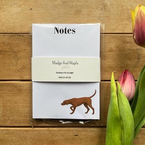 Op de afbeelding: Een witte notitieblok met het woord 'Notes' bovenaan en een bruine hondenillustratie onderaan. Het notitieblok is verpakt in doorzichtig plastic en heeft een crèmekleurige band met de tekst 'Madge And Maple'. Op de achtergrond een geel-rode tulp.