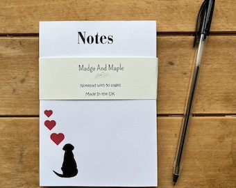 Black Labrador Silhouette Notepad, Dog Lover Stationery, Hearts Design