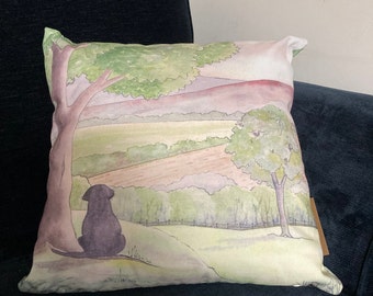 Black Lab Cushion Cover: Country Scene, Recycled Polyester (45cm Square)