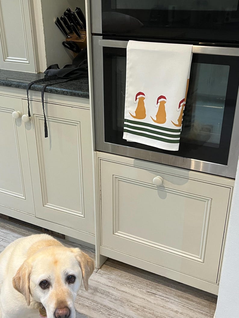 Pode incluir: Toalha de cozinha branca com um design festivo com tr&ecirc;s c&atilde;es castanhos usando chap&eacute;us de Papai Noel, acentuada com listras verdes. A toalha est&aacute; pendurada na porta de um forno em uma cozinha creme.