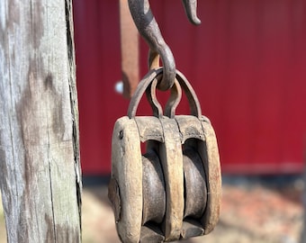 Antique Wooden Double Pulley – Farmhouse Industrial Decor, Cast Iron Hook