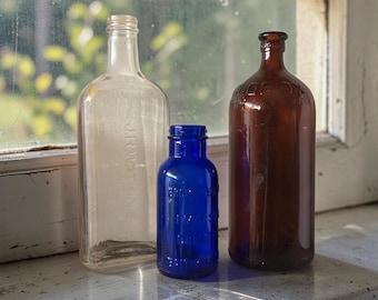 Antique Apothecary Bottle Lot – Cobalt Blue Emerson Drug, Amber Clorox & J.R. Watkins Glass
