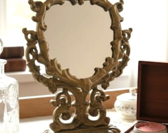 Antique Victorian Bronze Vanity Mirror – Ornate Rococo Cast Metal Dresser Decor