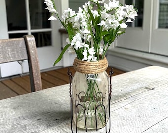 Vintage Presto Mason Jar Vase with Metal Carrier | Rustic Farmhouse Cottagecore Decor