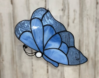 Vintage Hand Made Stained Glass  Hanging Butterfly-Blue White Glass