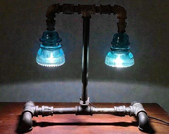 Handmade Industrial Pipe Table Lamp – Hemingray Blue Glass Insulator Light – Black Iron Steampunk Desk Lamp – Rustic Loft Farmhouse Lighting