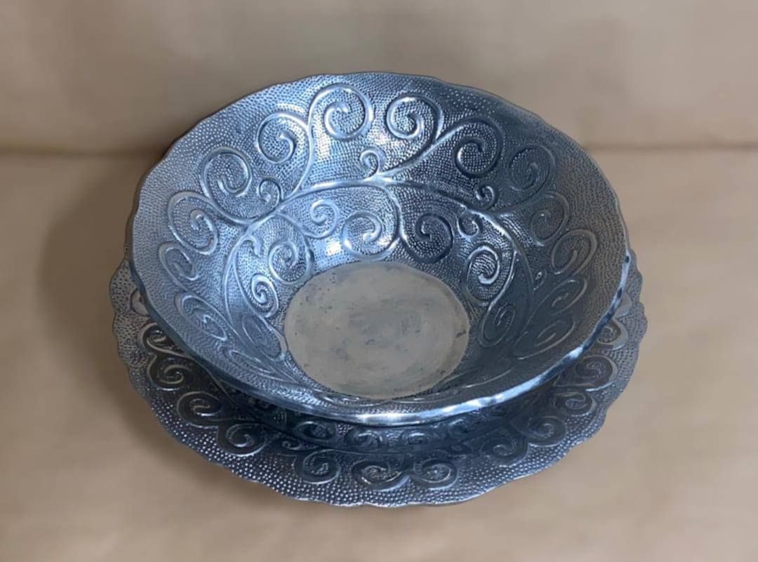 Vintage Pewter Hammered Serving Tray & Bowl Made in India Etsy