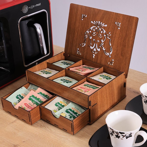 Tea Organizer - Personalized Tea Box with Drawer for Tea Collection, MDF Tea Station - Modern Tea Drinker Gift, 2 Drawers 6 Sections