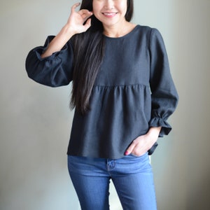 Linen blouse, Puff sleeve blouse, Ruffle blouse, Sustainable clothing, Womens minimalist blouse, Handmade clothing for women — BLOSSOM