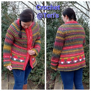 May include: A multi-colored crochet cardigan with a button closure and a mushroom design on the back. The cardigan is made with a variety of colors, including red, green, yellow, and brown. The cardigan is shown being worn by a person.