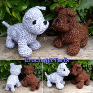 May include: Crocheted dog toys in gray and brown. The gray dog has black eyes and a black nose. The brown dog has black eyes and a black nose. The image also includes the text "Crochet@Teri's".