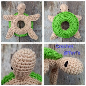 Peut inclure: Un jouet en crochet en forme de tortue avec une carapace verte et un corps beige. La tortue est con&ccedil;ue comme un anneau, avec un trou au centre. Le jouet est fait de fil doux et convient aux b&eacute;b&eacute;s et aux tout-petits.