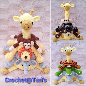 May include: A crocheted giraffe toy with a stack of other crocheted animal toys on top of it. The animals include a monkey, a lion, an elephant, a sloth, a tiger, and an alligator.